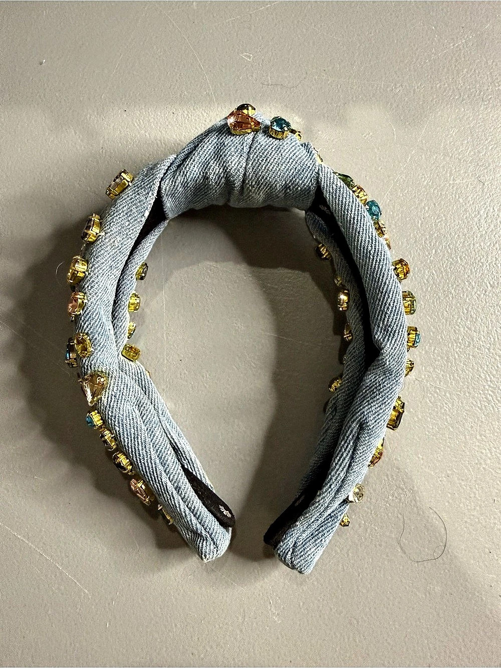 Lele Sadoughi Denim Knotted Headband with Multicolor Crystals
